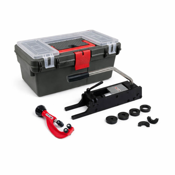 AZ INTEC komplet za montažu savitljivih inox cevi sa presom Cats, čeljustima DN8–DN25 i sekačem cevi u plastičnoj kutiji